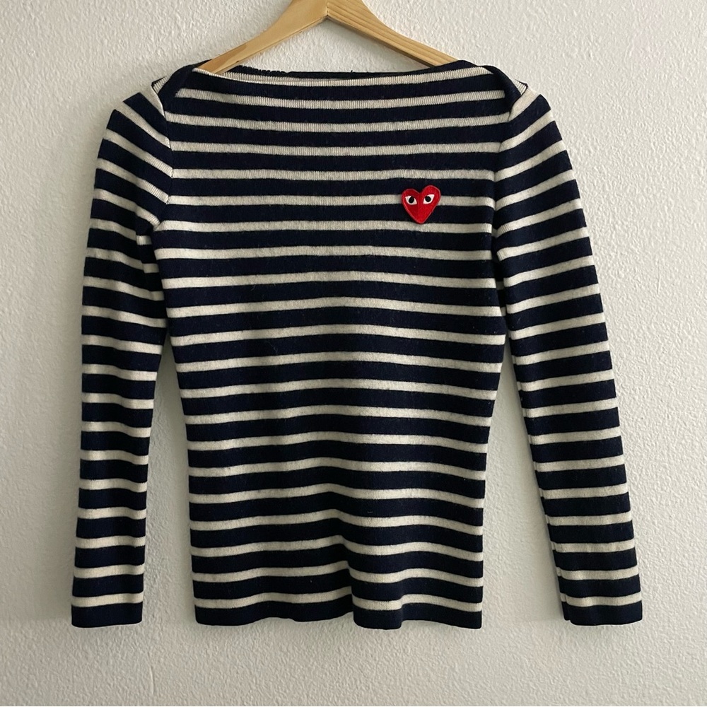 Comme des Garçons Blue White Stripe Long Sleeve Fitted Sweater Top Boat Neck